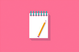Stylized design of a white, coiled notepad with a yellow pencil on top of a background of pink.