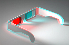 Stylized image of white, retro 3d glasses with blue and red lenses resting on a white surface.
