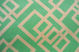 Retro, wallpaper-like print with pale green and beige.