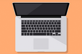 Stylized image of an open grey laptop with a black sreen on a pale orange background.