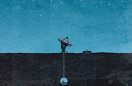 A lone satellite dish on a grassy feild at dawn.
